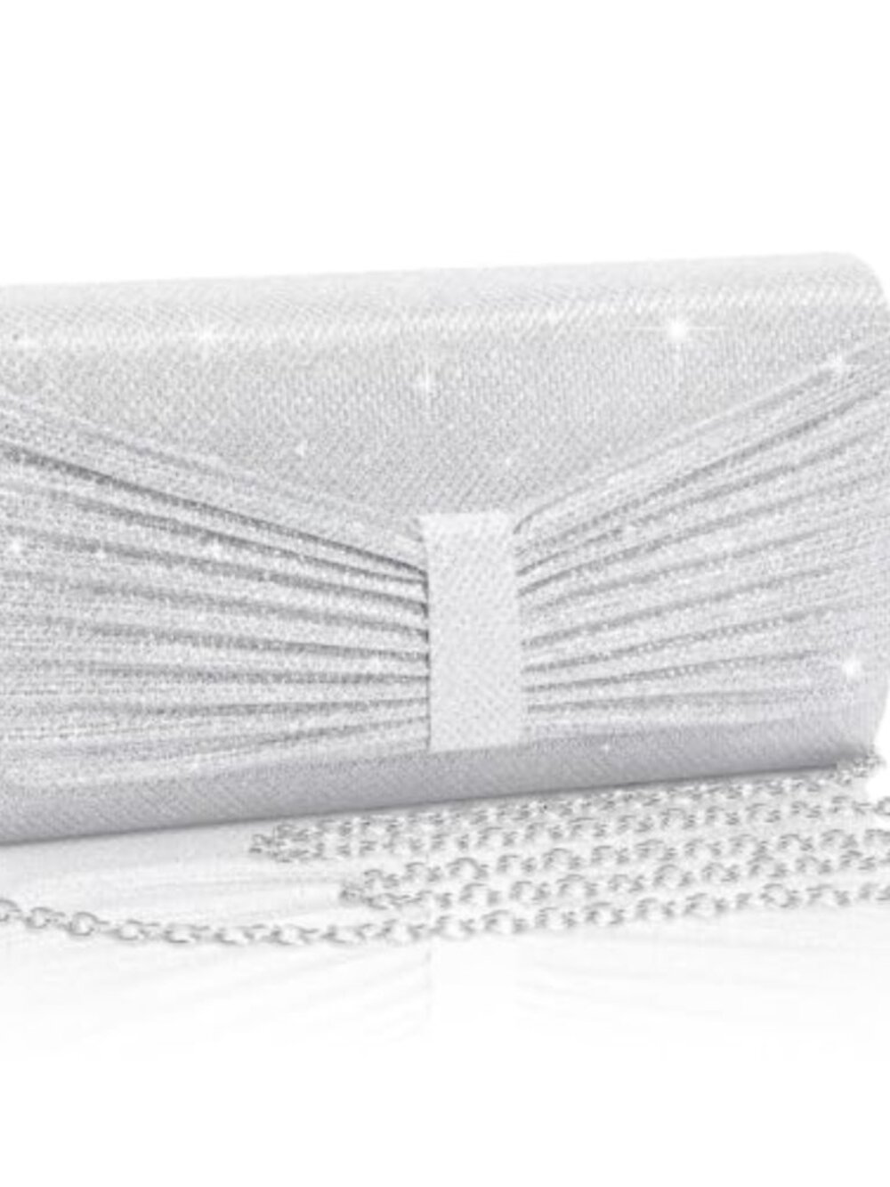 Shiny Silver Sequin Clutch Removable Chain Bow Pleat Evening Bag